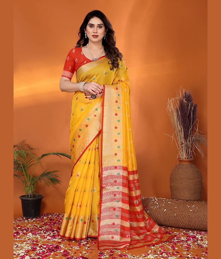 NightBlue Cotton Woven Saree With Unstitched Blouse Piece ( Yellow ) view 2