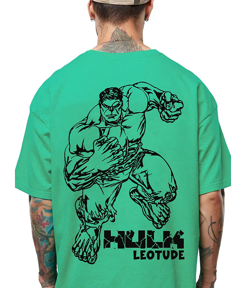 Leotude Men Cotton Blend Oversized Fit Printed T-Shirt ( Green ) view 2