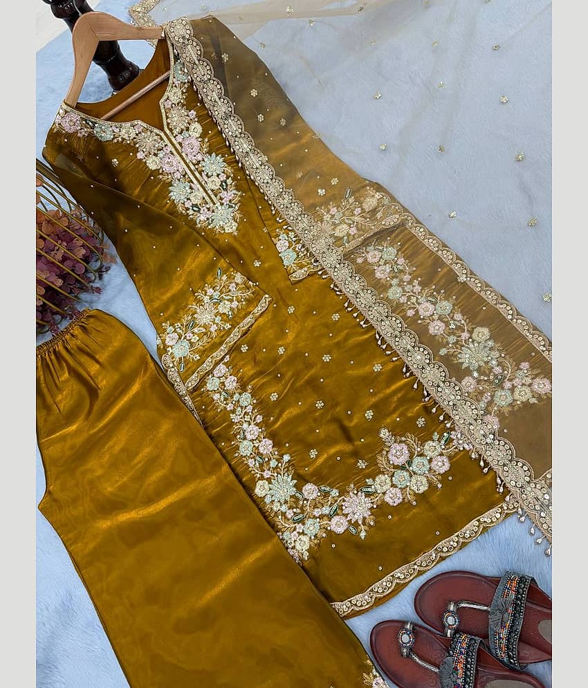BHAGYASHRAY Women Silk Embroidered Ethnic Motifs Kurti With Patiala Salwar ( Gold ) view 2