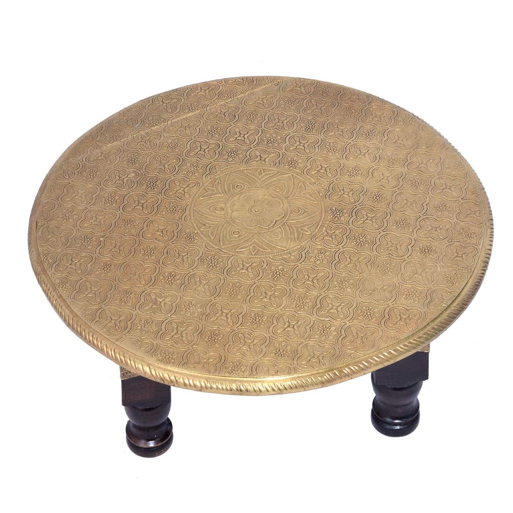 Creative Handicrafts Wood & Brass Chowki | Brass Work Pooja Bajot Stool | Home Decor Sitting Table (Goldcolor_12 x 12 x 6 Inches) view 2
