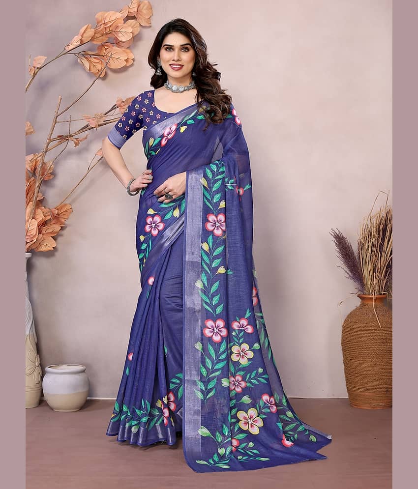 NightBlue Linen Printed Saree With Unstitched Blouse Piece ( SkyBlue ) view 2