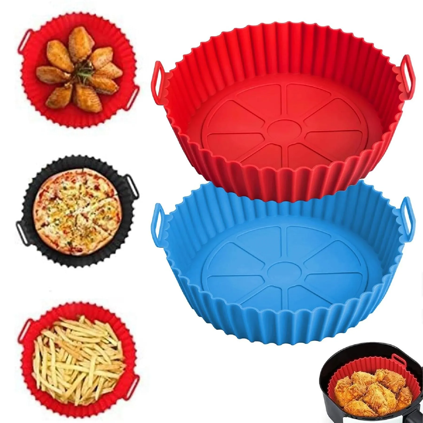2pcs Air Fryer Liners Silicone Baking Tray | Non-Stick Reusable Heat Resistant Basket Tray with Handle | Food Safe Air Fryer Liners view 2