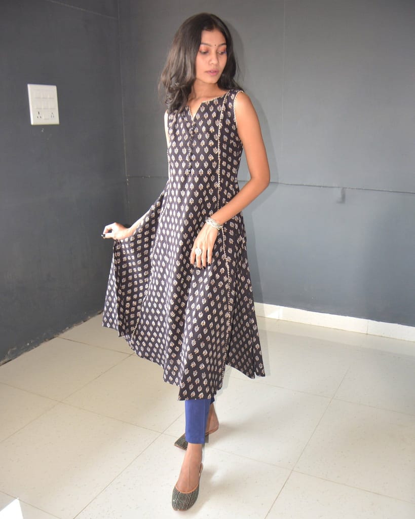 Anokhi Black Ajrakh Print Kalidar Cotton Kurtis For Women view 2