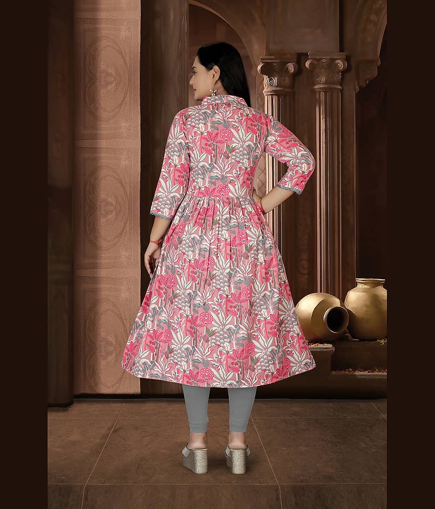 RIAANA Women Cotton Printed Anarkali Kurti ( Pink ) view 2