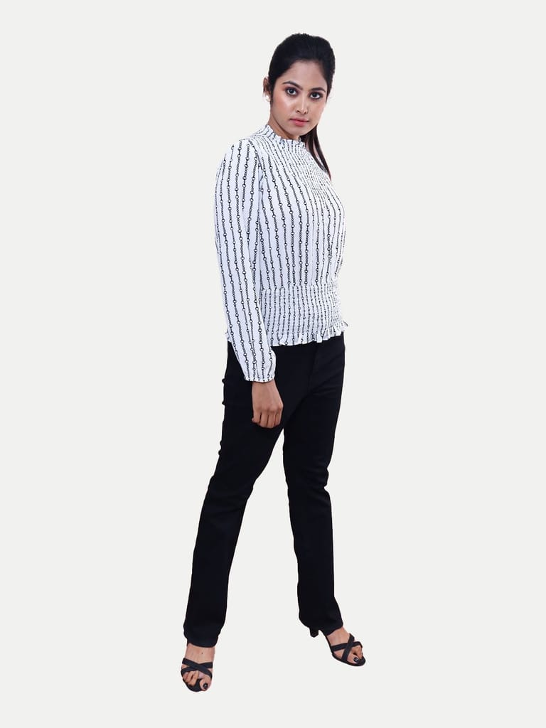 Women Printed White Blouse With Smocked Detailing view 2