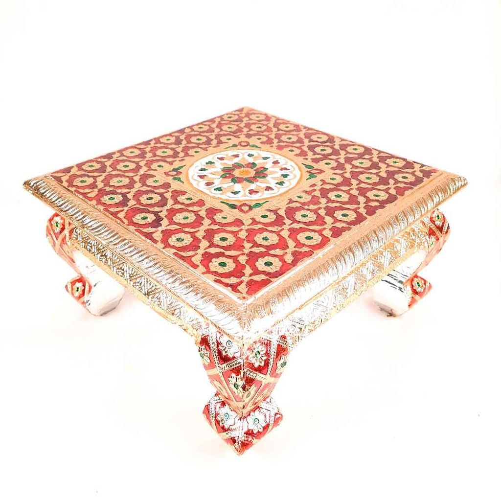 Shri Vankal Maa Art - Handcrafted Minakari Flower Designed Chowki Wood (Multicolor) 12 Inch for Weddings/Pooja/Temple view 2