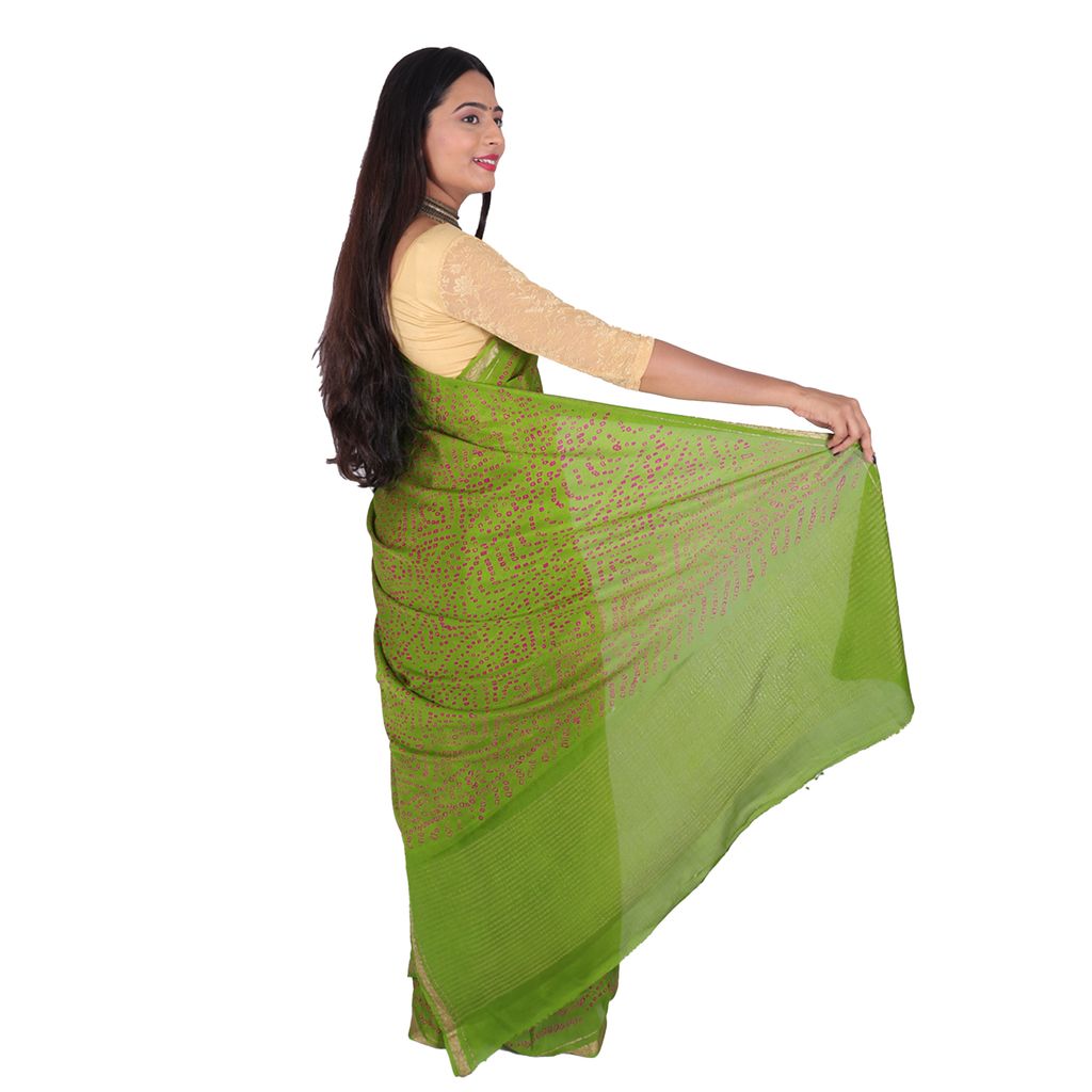 Tribes India Handwoven Olive Green and Purple Bandhej Saree view 2