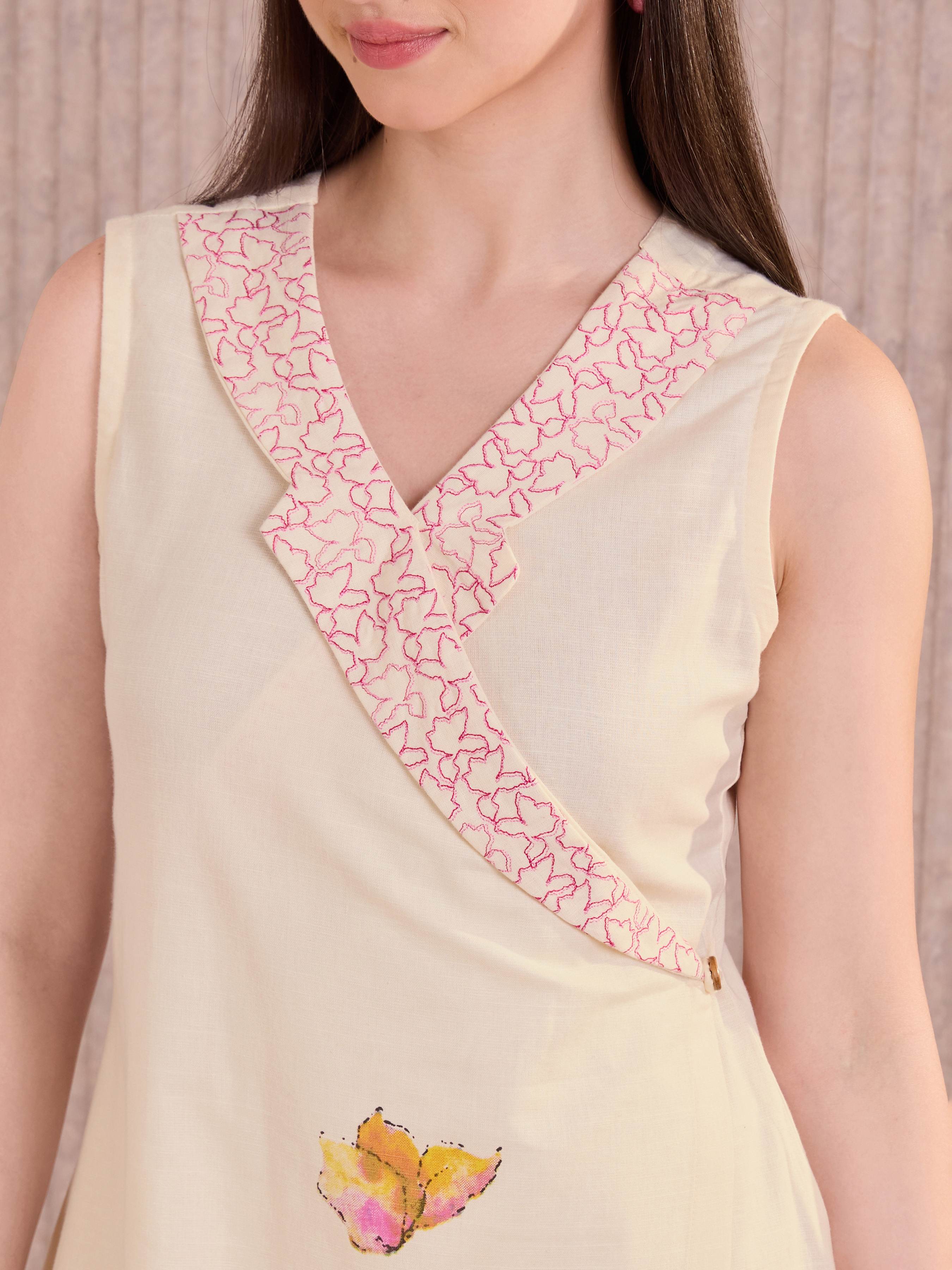 Ivory Cotton Slub Ankrakha Kurti With Print And Embroidery view 2