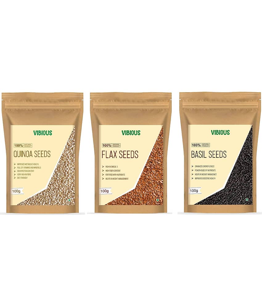 VIBIOUS Premium Grade Combo pack of 3 Edible Raw Seeds of Quinoa, Basil & Flax 300g(100gX3)