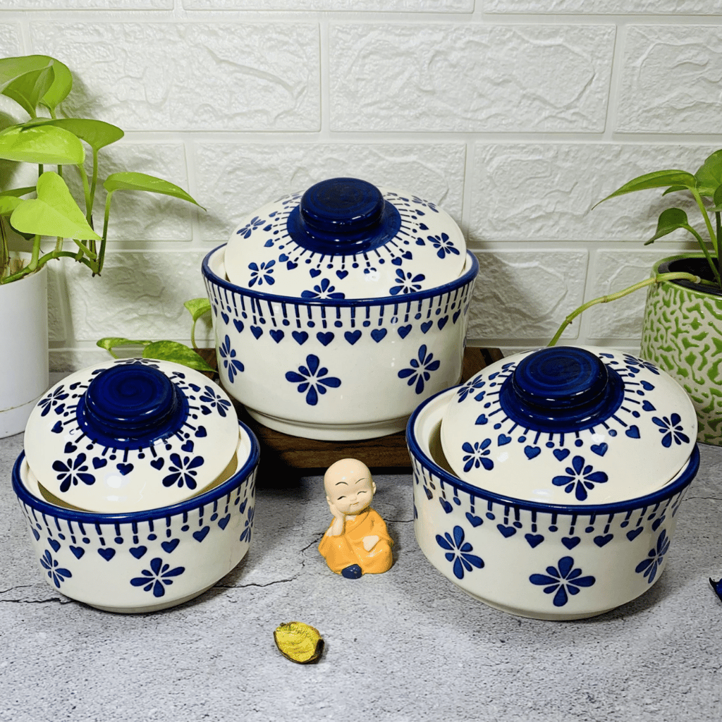Homefrills Ceramic 3 Pcs Handprinted Multipurpose Storage Ceramic Jars & Containers/Casseroles/Donga/serving Bowl with Lid Microwave & Dishwasher Safe- Set of 3 colour- Blue view 2