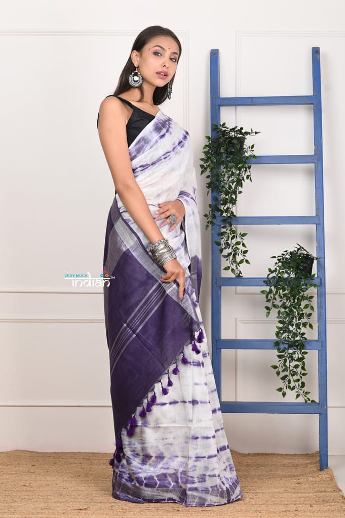 EXCLUSIVE! Handmade Tie and Dye Cotton White- Purple Saree By Women Weavers view 2