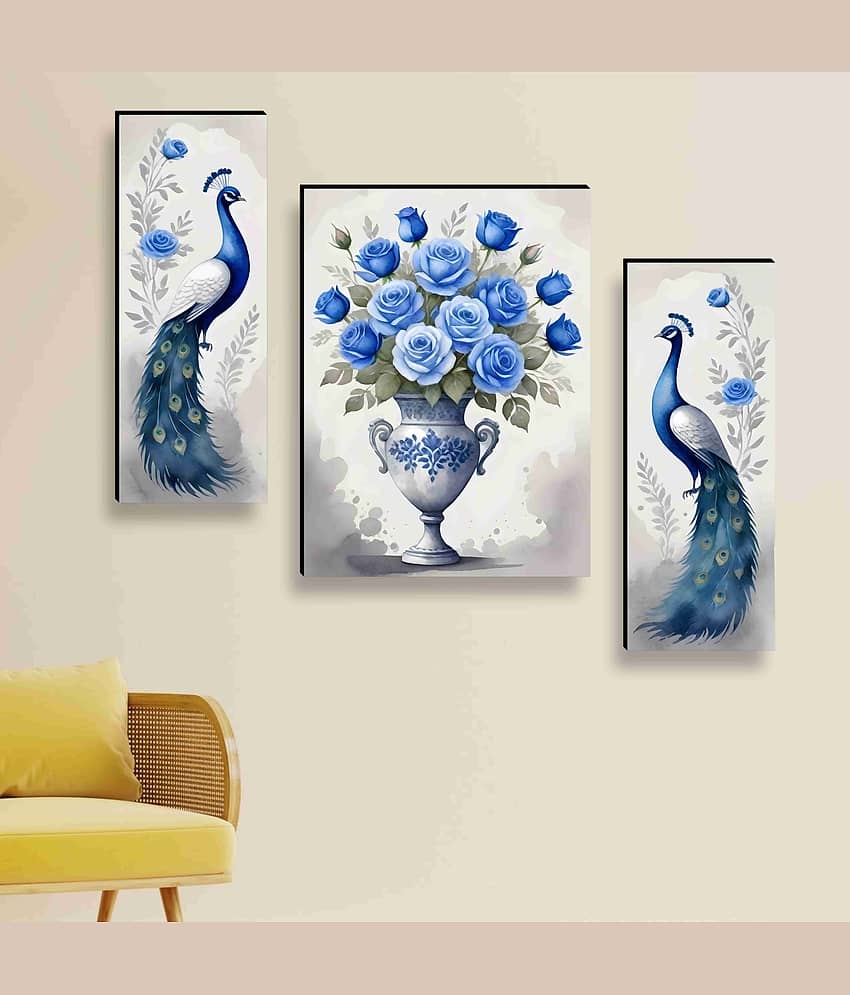 Livin'luxe Peacock and Blue Rose Vase Wall Art – 3 Panel Floral and Bird Painting in Elegant Watercolor Style for Living Room & Hall Décor 12 Inch x 20 Inch view 2
