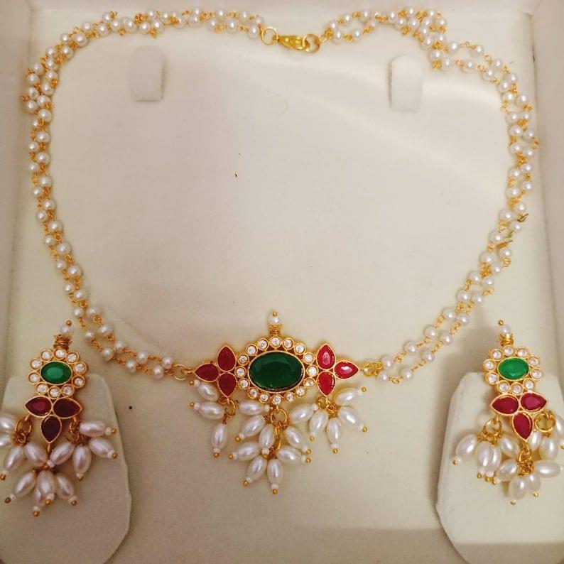 Pearl and Gold Necklace Set with Green Stones view 2