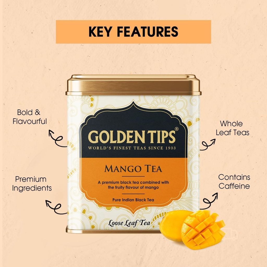 Golden Tips Healthy/Natural and Organic Mango Flavour Loose Leaves Black Tea Tin Can (100 Gram, 50 Cups) view 2