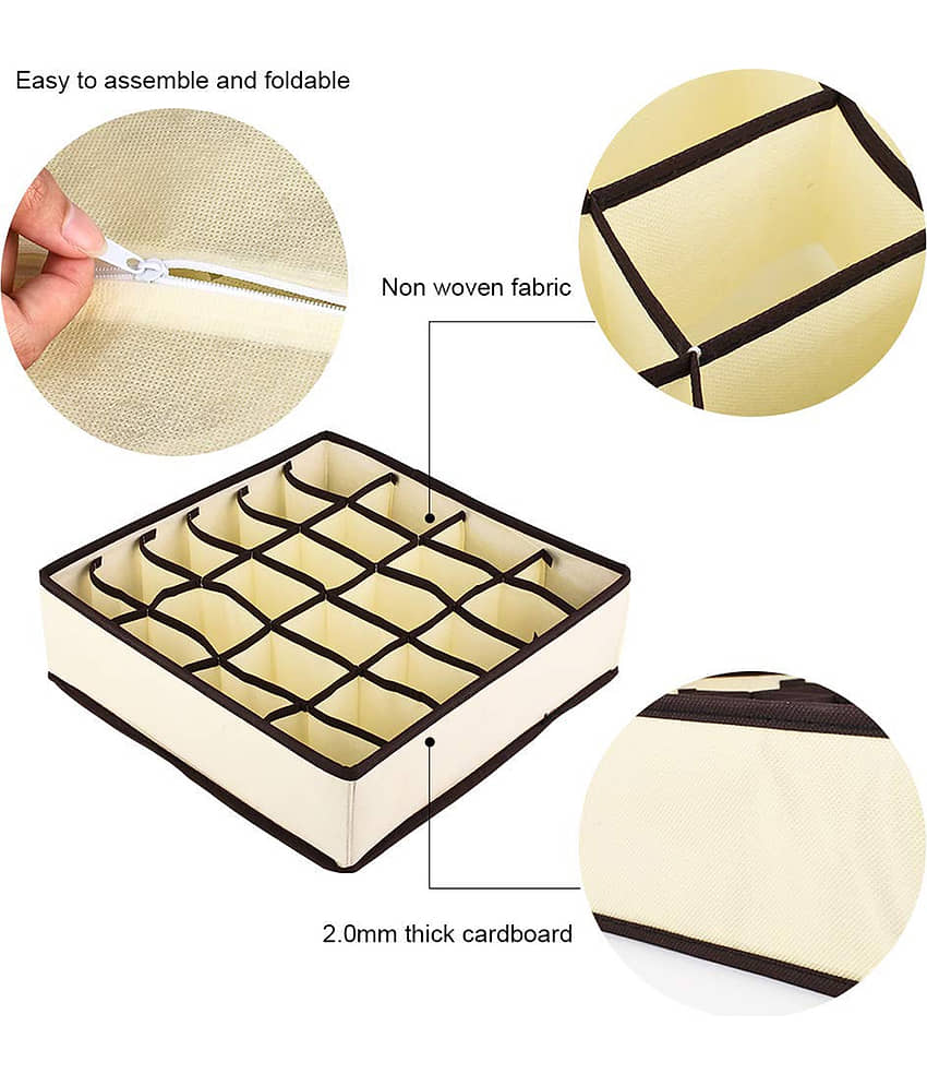 House of Quirk 2 Pack Closet Socks Organizer Drawer Divider, 24 Cell Collapsible Closet Cabinet Organizer Underwear Storage Boxes for Storing Socks, Lingerie, Underwear - Beige view 2