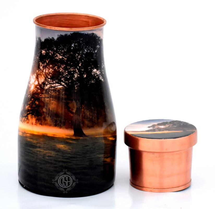 Copper Bedroom Bottle Printed Jug with Inbuilt Glass, Bedside Jar Pot, Joint Less and Pure Copper, Designer Printed, (950 ML) view 2