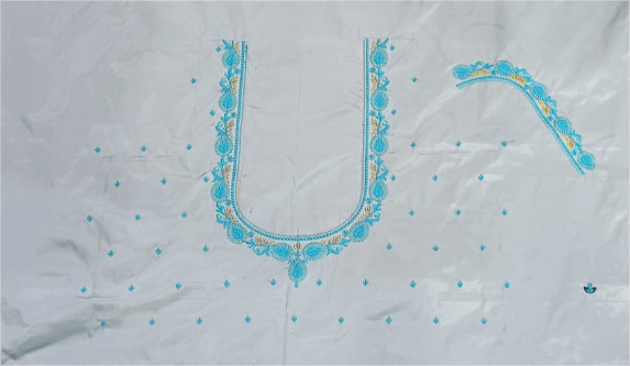 White Fabric with Intricate Blue & Gold Embroidered Neckline view 2