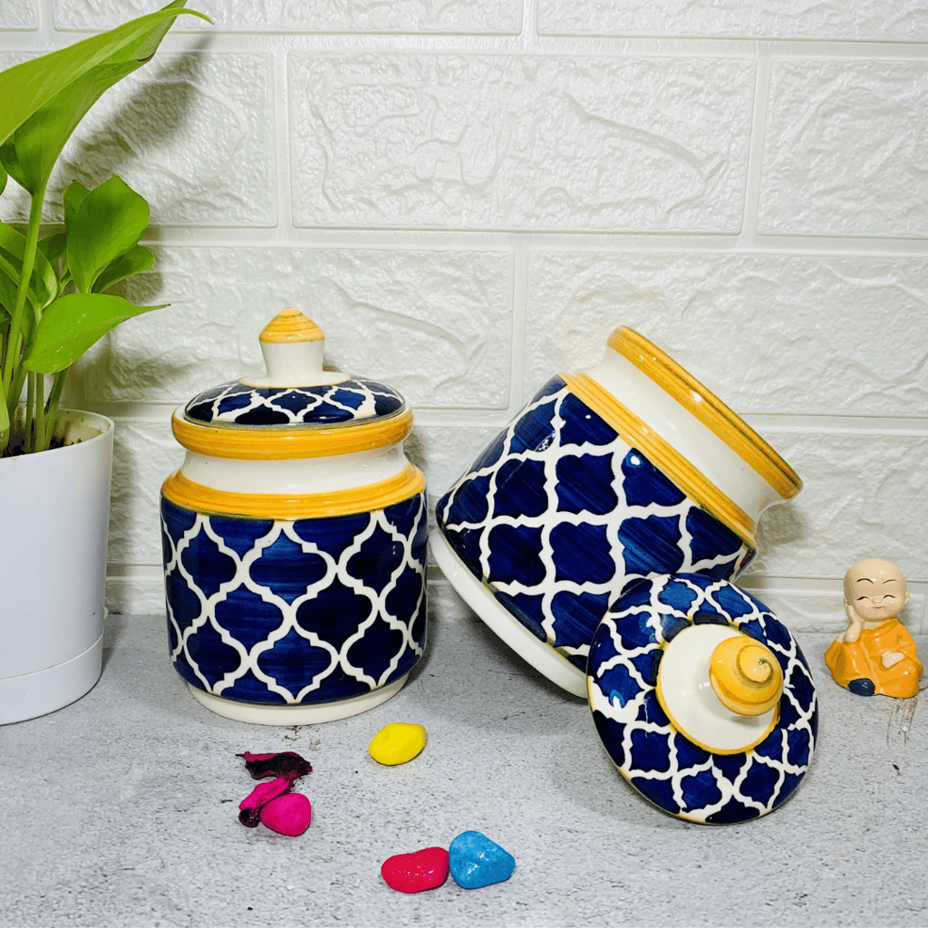 Homefrills Multi-Utility Storage Ceramic Jars & Containers with Lid/Achar Barni for Storage of Achar/Snacks /Pickle/cookies etc. (2 jars with Lid )Colour-Mustard Blue Capacity-500 ml/500 Gram each (approx) view 2