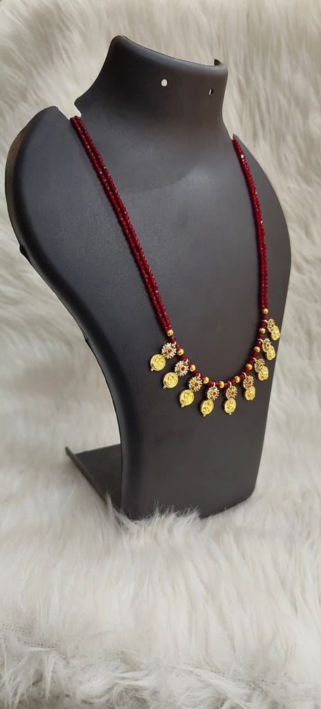 Delicate Traditional Indian Gold Plated Laxmi Coin Necklace Set with Red Beads view 2