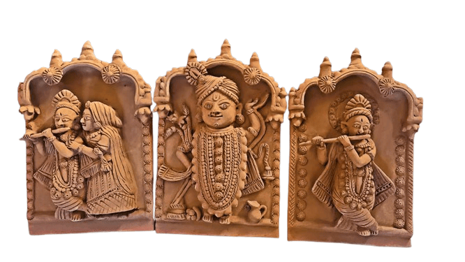 Terracotta Wall Hanging of Radha Krishna Playing Flute, Set of 3