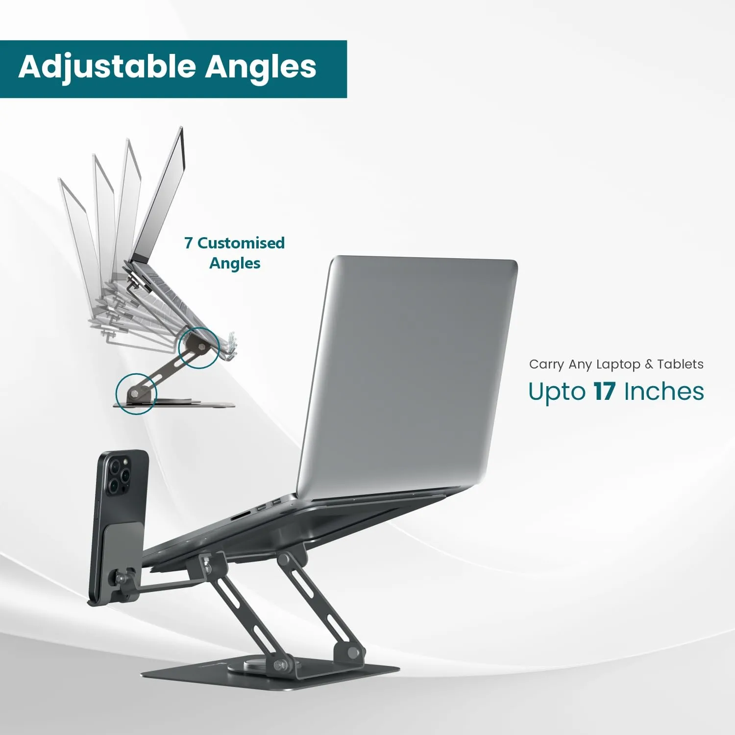 Portronics My Buddy K9 Pro 2-in-1 Laptop & Phone Stand | 360 Rotating Base | Adjustable Height & Angle | Foldable Metal Laptop Riser | Heat Dissipation | Universal Stand for 1015.6 Inch Laptops & MacBooks (Random Color) view 2