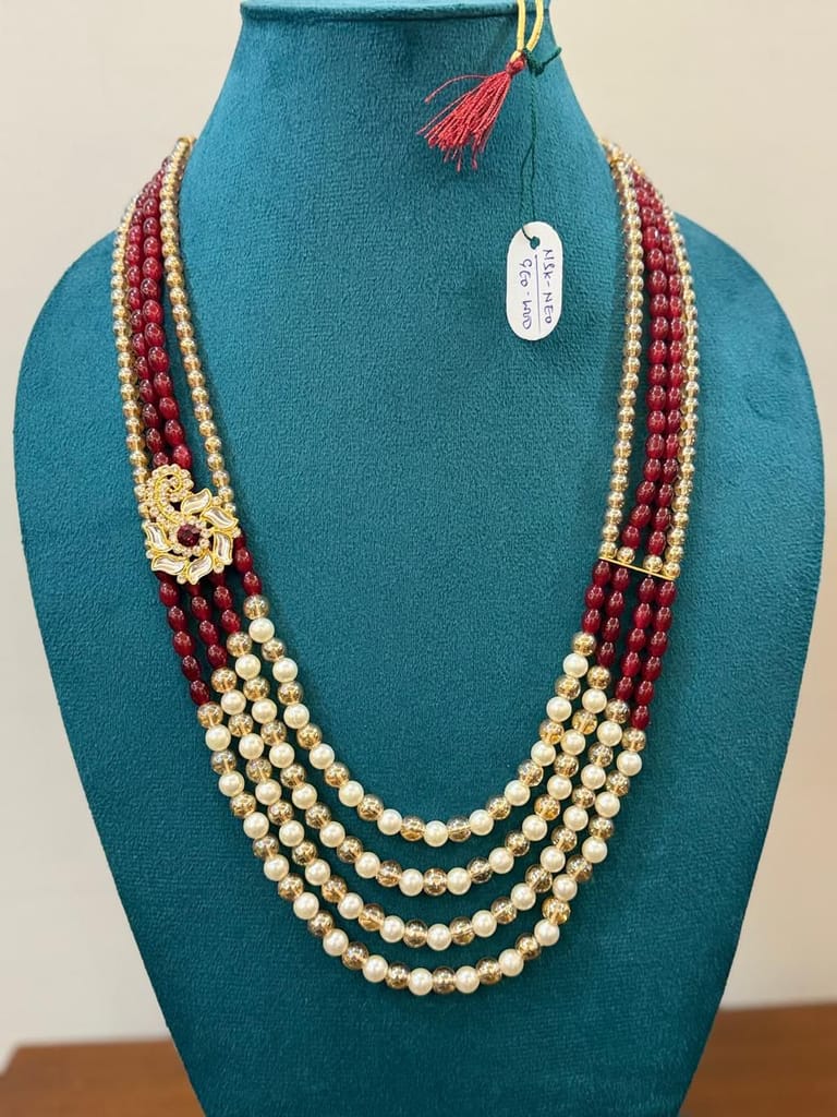royal multi-layerd marron beads and white moti pearl neckalce with side brooch view 2