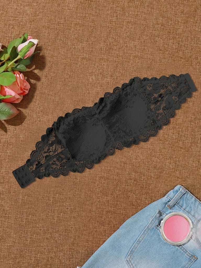Women’s/Girl’s Lace Net Tube Bra Strapless Padded Seamless Hook Closure Bra - Black view 2