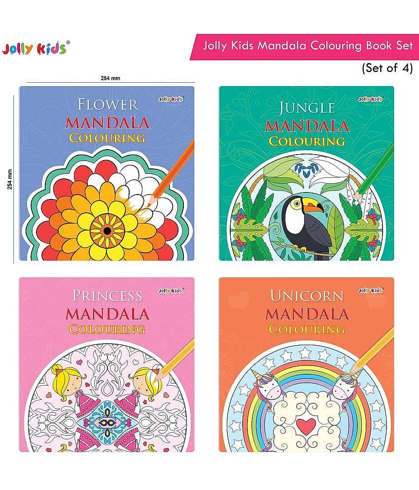 Jolly Kids Mandala Colouring Books Set| Set of 4| Stress Relieving Theme of Colouring Book Designs Flower, Jungle, Princess & Unicorn view 2