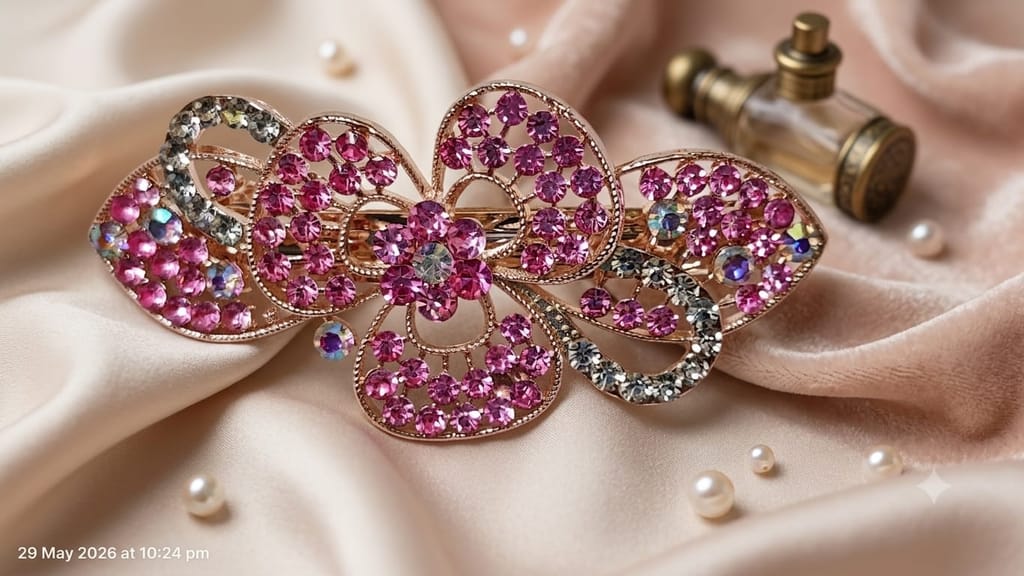 Pink Crystal Floral Hair Barrette / Hair Clip