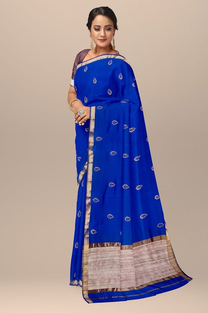 Navy Blue Buti Motif Handwoven Hand Block Print Sausar Silk With Ghicha Palla Saree SKU-AS10013 view 2