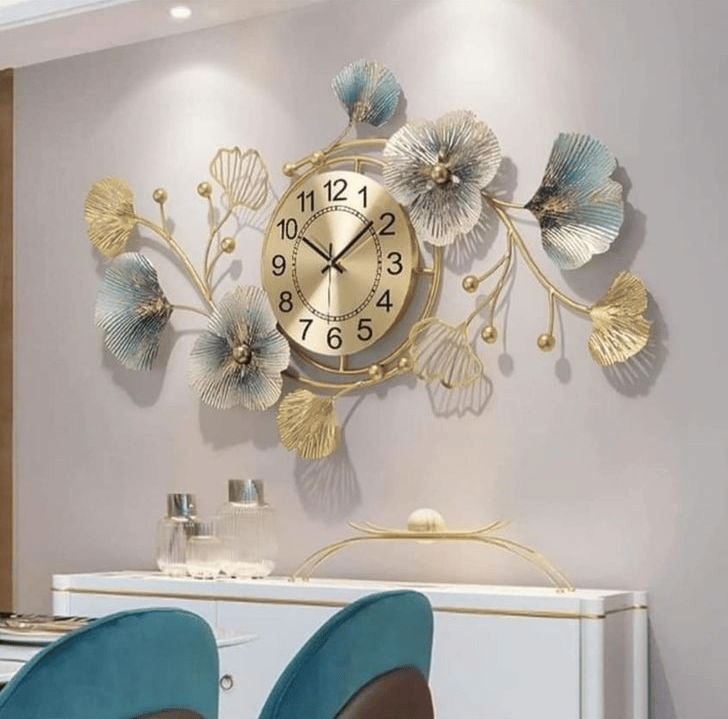 Modern Floral Wall Art Clock with Clock | 3D Metal Wall Decor | Luxury Living Room Wall Clock view 2
