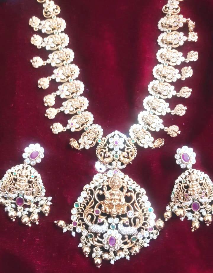 Stunning Lakshmi Temple Haram Necklace Set in Gold with Pearls and Rubies view 2