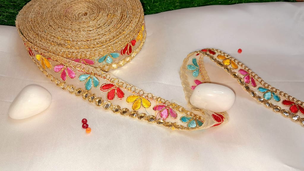 Golden Zari Lace with Multicolor Floral Embroidery