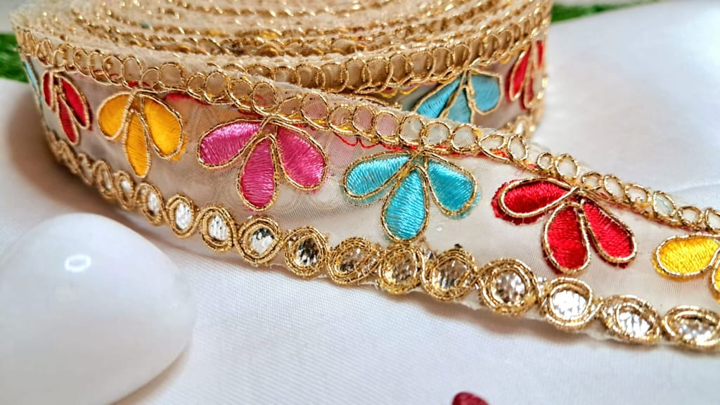 Golden Zari Lace with Multicolor Floral Embroidery view 2