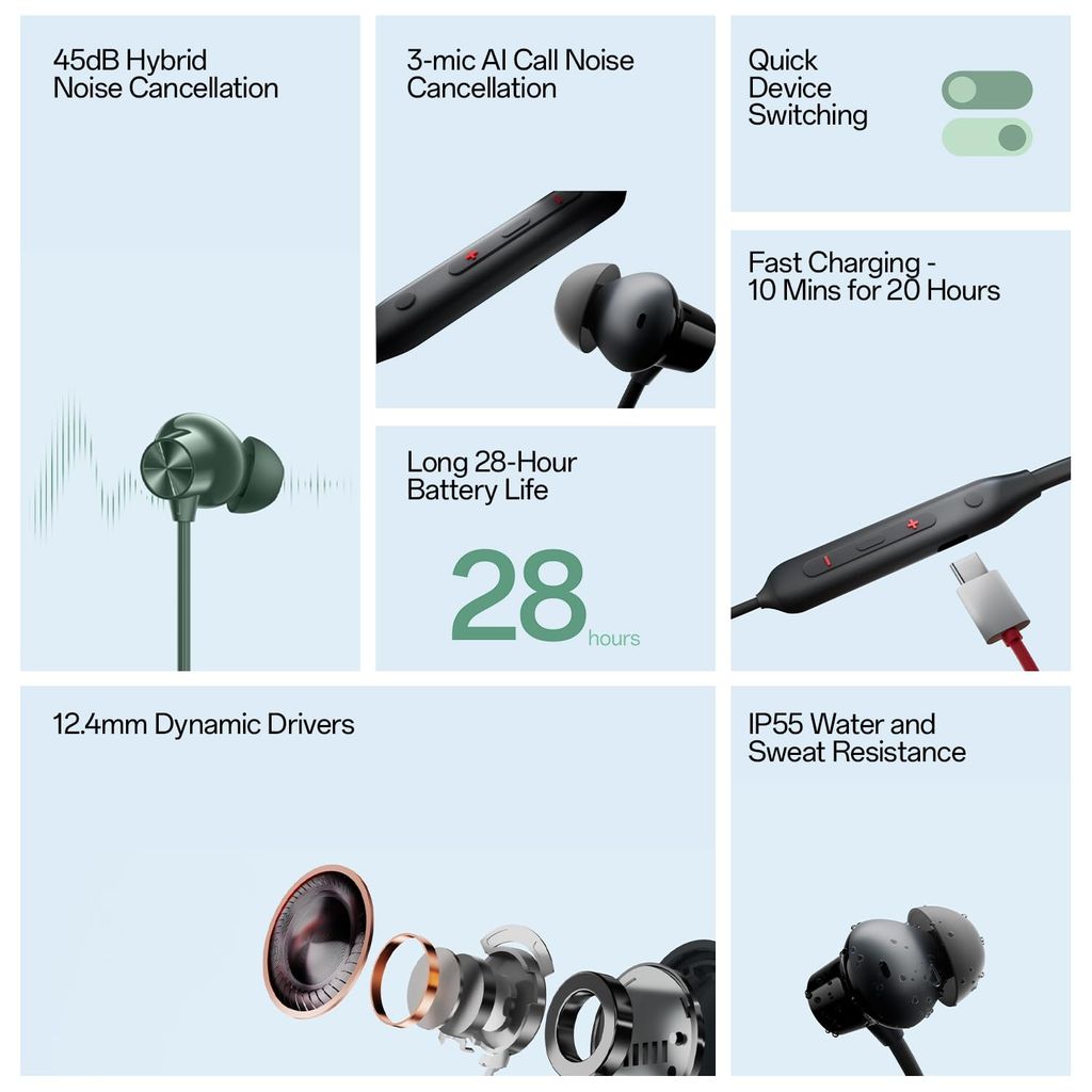 OnePlus Bullets Wireless Z2 ANC Bluetooth in Ear Earphones with Mic, 45dB Hybrid ANC, Bombastic Bass - 12.4 mm Drivers, 10 Mins Charge - 20 Hrs Music, 28 Hrs Battery (Booming Black) IMPORTED view 2