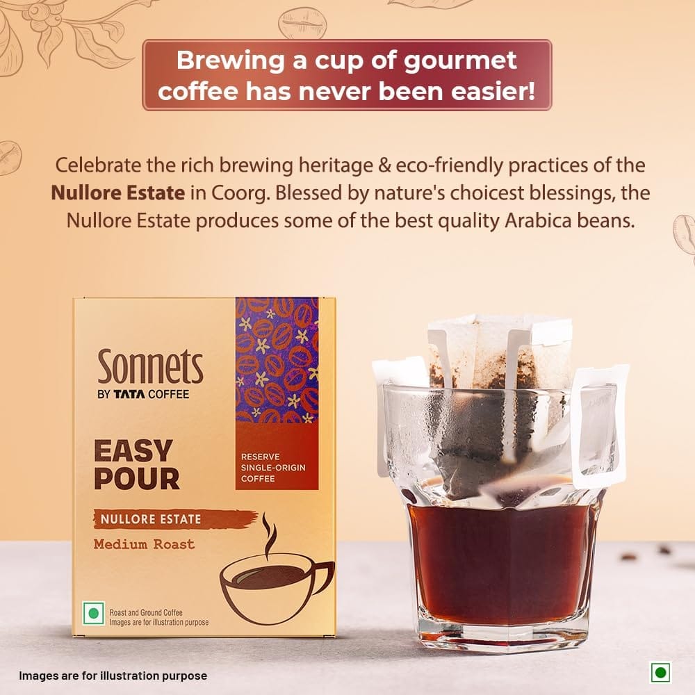 Sonnets by Tata Coffee, Easy Pour, Nullore Estate, Medium Roast & Ground Coffee,Tasting Notes of Dark Chocolate & Citrus, 5 Easy Pour Bags view 2