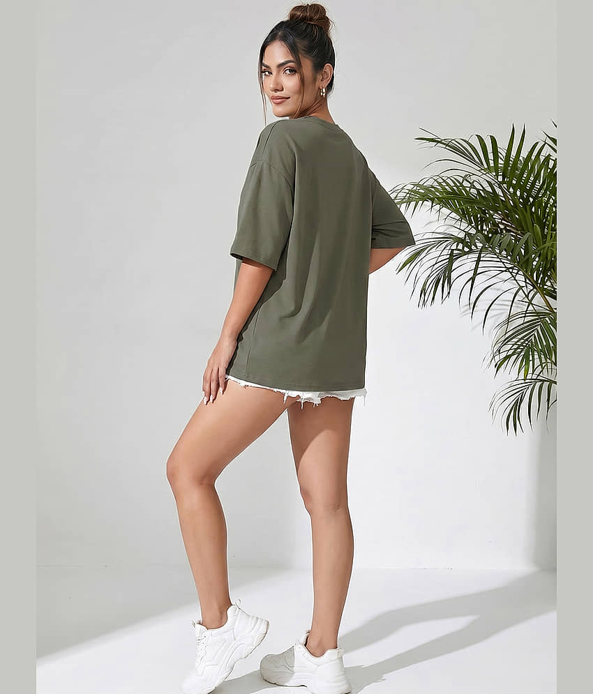 Addyvero Women Cotton Blend Solid Oversized Fit Round Neck T-Shirt ( Olive ) view 2