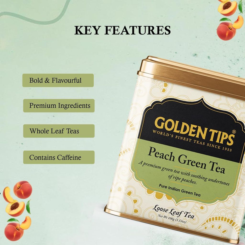 Golden Tips Premium Green Tea with Ripe Peach Flavor, Refreshing Antioxidant-Rich Loose Leaf Tea Tin Can, Aromatic & Fruity with Mild Color, Soothing Aftertaste (100 Gram, 50 cups) view 2