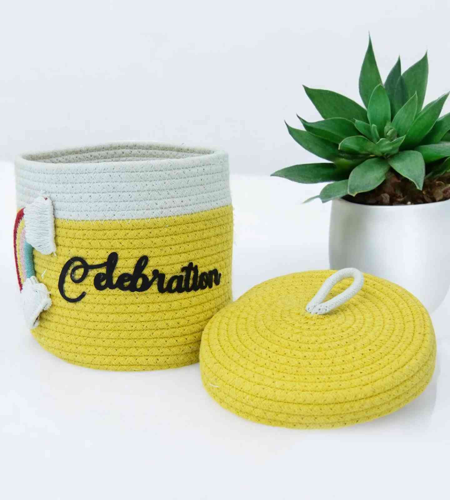 Yellow & White Cotton Rope Hamper Basket for Gifts - Pack of 1 view 2