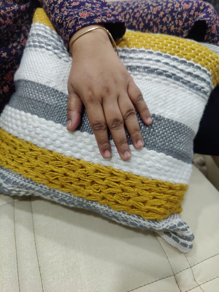 BulkySanta handtufted Cotton Cushion Covers for Sofa, 16 in x 16 in (2, Grey Yellow White) view 2
