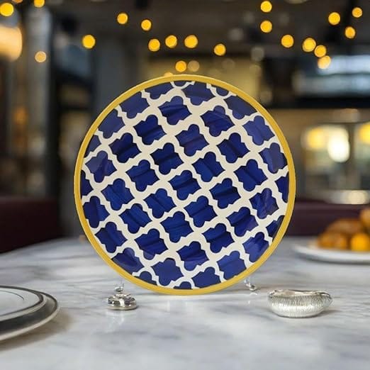 STOREPEDIA Handmade Ceramic Moroccan Dinner Plates, Serving Plates, Dining Table Pottery Decorative Plate, Microwave Dishwasher Safe Light Weight Daily Use 10 Inch, Set of 2 Blue Yellow Border view 2