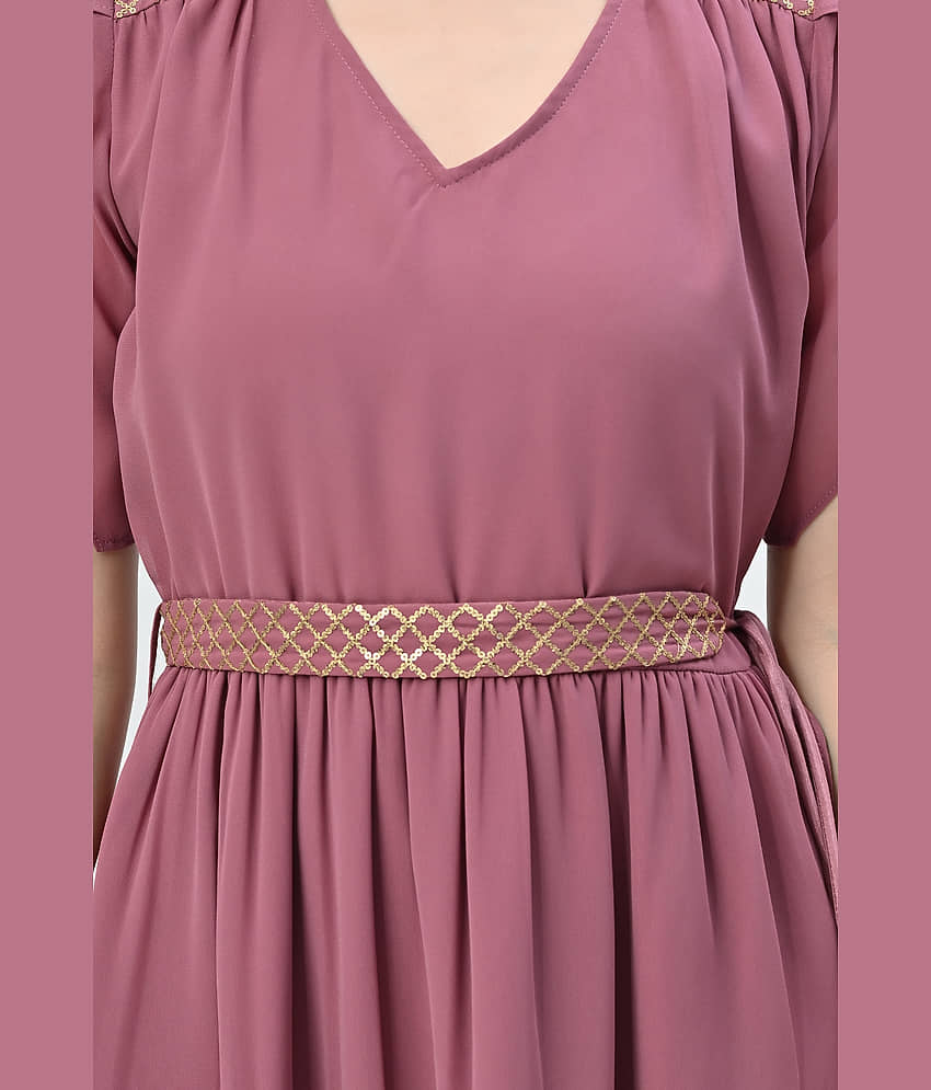ALL WAYS YOU Women Georgette Solid Fit & Flare Dress ( Pink ) view 2