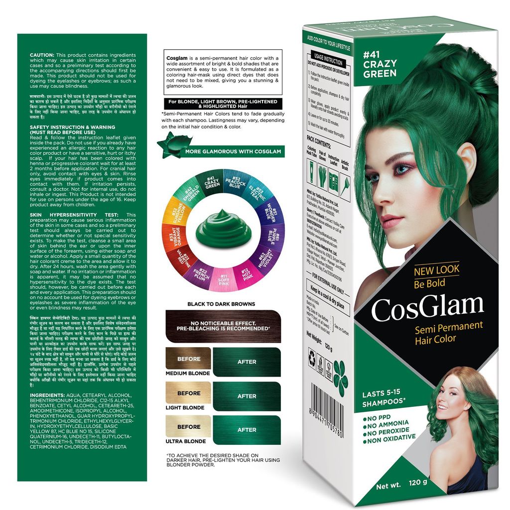 COSGLAM Semi Permanent Hair Color, No Peroxide, Non Oxidative, Ammonia Free Hair Colour 41 Crazy Green - 120gm view 2