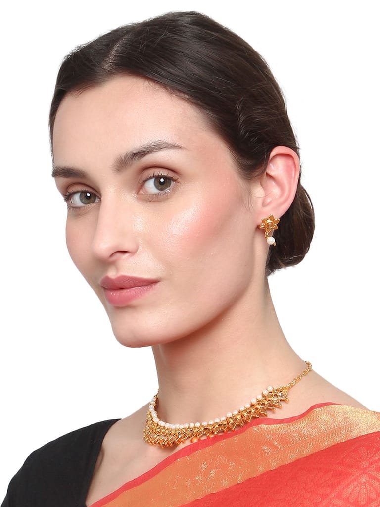 Cardinal Gold Plated Brass American diamond Choker Necklace Set & Maang Tika view 2