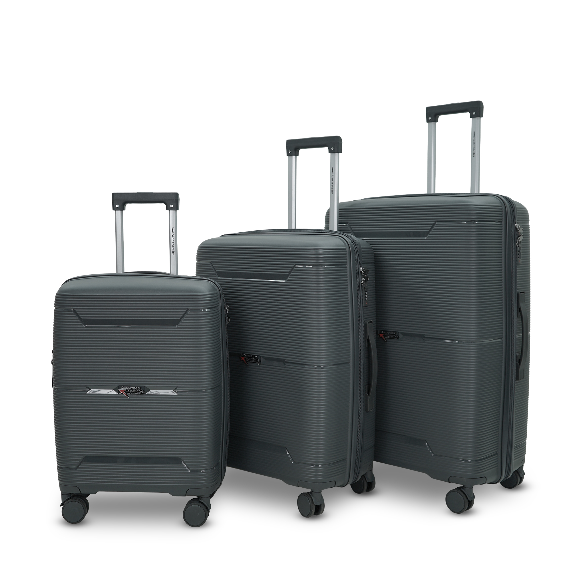 AMERICAN TRAVELLER Touris Bliss 8024 Hardshell Luggage Set, Polypropylene, Expandable Spinner Trolley with TSA Type Lock, Anti-Theft Zippers, 3 Pieces (3, Dark Grey, S,M,L)
