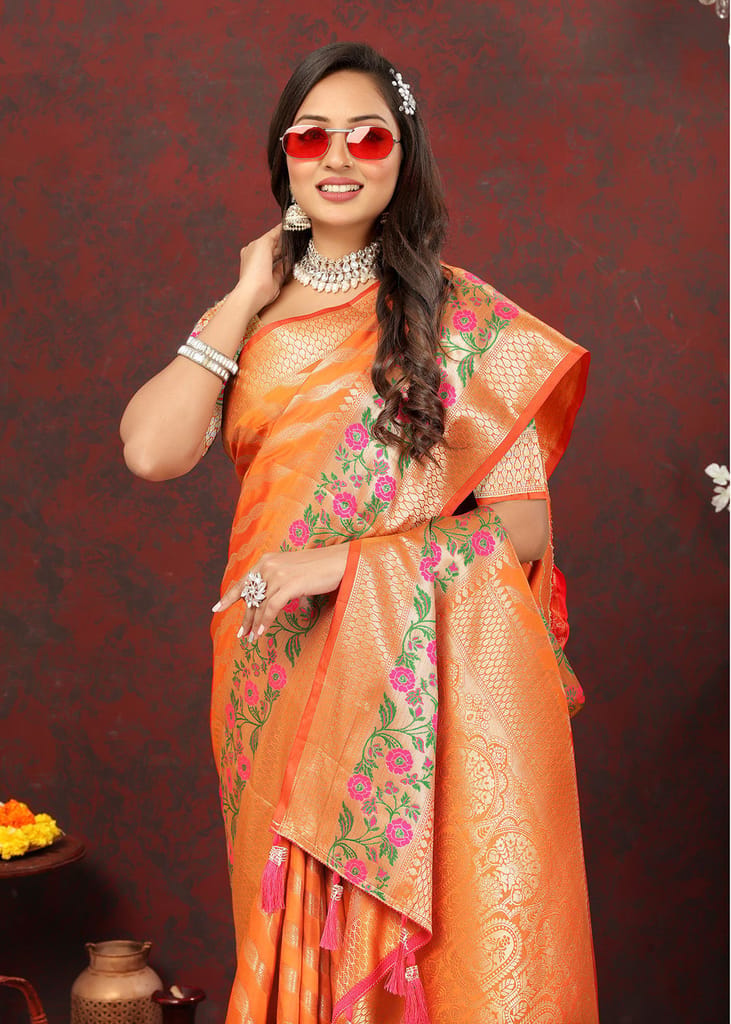Orange Soft Silk Woven Design with Zari Weaving Leheriya Design Saree view 2