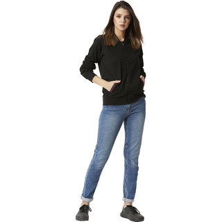 Miss Chase Women's Black Round Neck Full Sleeve Cotton Solid Multicolored Twill Tape Detailing Bomber Jacket view 2