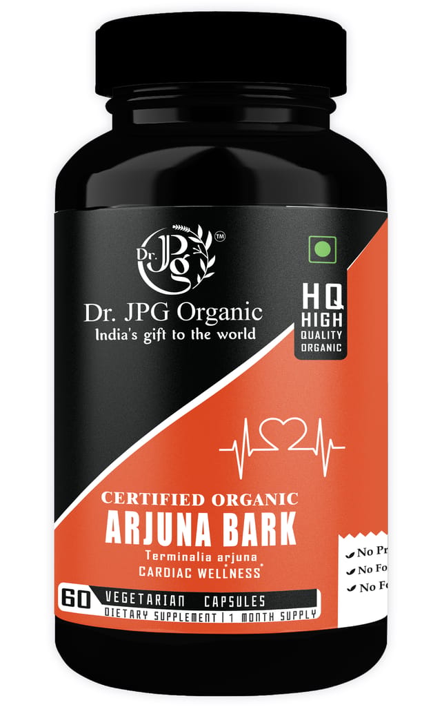Dr. JPG Organic Herbals Arjuna Bark 60 veg Capsule for Heart wellness/India Orgnaic Certified.