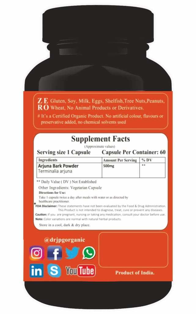 Dr. JPG Organic Herbals Arjuna Bark 60 veg Capsule for Heart wellness/India Orgnaic Certified. view 2