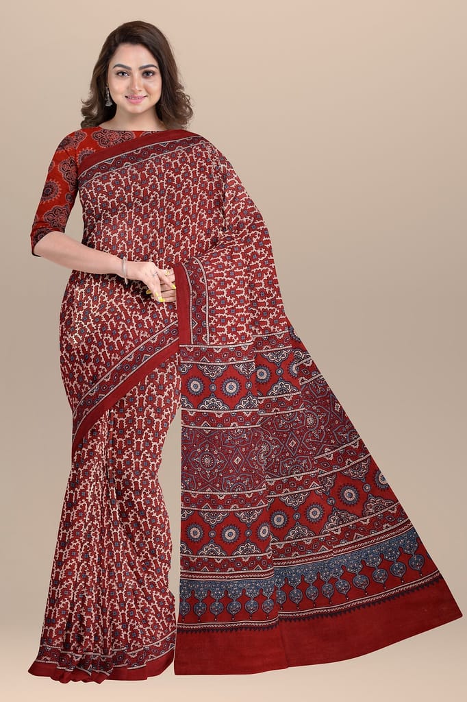 Pastel Red Ajrakh Hand Block Printed Cotton Saree with Floral and Geometrical Print SKU-BS10076 view 2